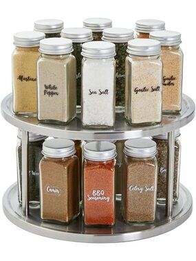2-Tier Lazy Susan Spice Rack Organizer - Stainless Steel Kitchen Carousel for